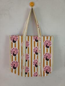 Sac fourre-tout en coton à rayures moutarde et imprimé paon, grande capacité, sac de courses réutilisable, sac à main écologique pour femmes - Product Image 3