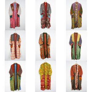 Indian Silk Sari Kimono V-neck Drawstring Closure Women's Maxi Robe Sleepwear Bridesmaid Maternity Bohemian Bathrobe Gown Front - Product Image 1