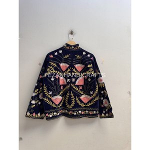 Indian <b>Women</b> Handmade Floral Embroidered Velvet Jacket Mandarin Collar Suzani Style Short <b>Coat</b> Inside Cotton Lining Jacket - Product Image 4