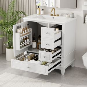 Mobile da Bagno Bianco da 30 Pollici con Lavabo, Una Porta e Ripiano, Tre Cassetti con Chiusura Ammortizzata - Product Image 3