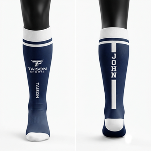 220 GSM Polyester Cotton Spandex Field Hockey <b>Socks</b> Navy <b>White</b> Custom Woven Logo Athletic <b>Socks</b> - Product Image 1