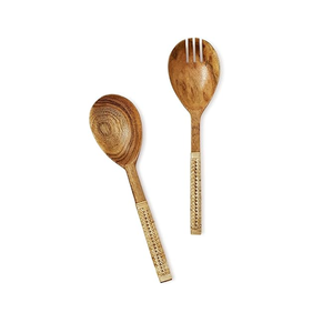 Ensemble de saladiers en bois d'acacia fait main en Inde avec manche en rotin tressé, ensemble de cuillères à salade en bois bio pour la maison, l'hôtel et la cuisine - Product Image 1