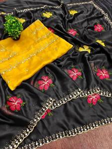 Hermoso Sari de Diseñador con Bordado Floral, Borde de Encaje con Espejos, Sari Indio para Bodas, Sari Étnico para Fiestas - Product Image 2
