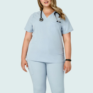 Women's Light Blue Medical <b>Scrub</b> <b>Set</b> V Neck Nursing Uniform Breathable Stretch Hospital Clinic Healthcare Workwear OEM ODM - Product Image 4