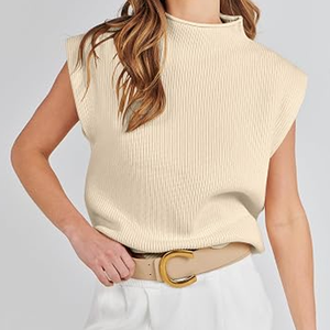 Gilet sans manches col roulé beige en maille côtelée pour femme, 100 % acrylique, anti-boulochage, style minimaliste, pull d'automne, coupe classique - Product Image 2