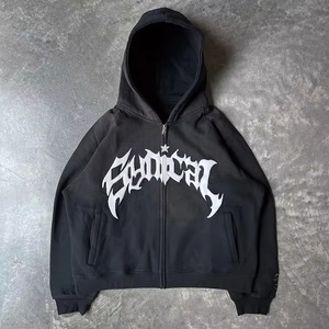 Sweat à capuche zippé surdimensionné pour homme en molleton épais, style streetwear personnalisé, vintage, délavé à l'acide, effet soleil, broderie usée - Product Image 4