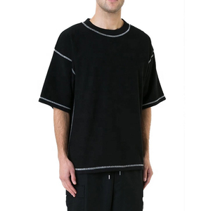 T-shirt à manches courtes pour homme, coupe classique, col rond, tricoté, bordure contrastée, couleur unie, décontracté, anti-rides, 100% coton - Product Image 1