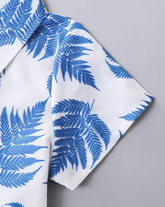 Boys Polyester/Cotton Printed Short Sleeve Shirt and Shorts Set Casual Summer Outfit Blue Leaf Pattern Woven Fabric - Product Image 4
