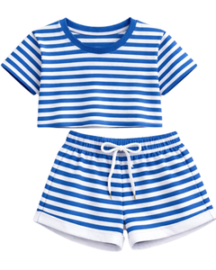 Ensemble crop top et short rayé bleu et blanc personnalisé pour femme – Tenue décontractée d'été deux pièces avec taille élastique – Vêtements de détente et streetwear OEM - Product Image 1