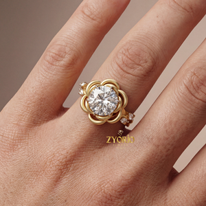 Bague de fiançailles et de mariage de luxe en or jaune, motif fleur de rose, diamant taillé, diamant de laboratoire, clarté VVS2, 1 carat, cadeau - Product Image 3