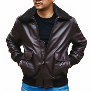Blouson Bomber Homme en Cuir Véritable et Toile, Col en Fourrure, Fermeture Éclair, Coupe-Vent, Style Streetwear Hiver, Design Uni - Product Image 1