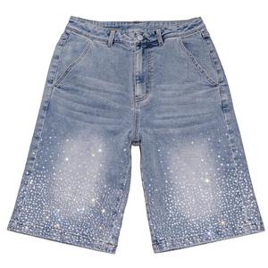 TOPSHOW Denim Manufacturer Streetwear Custom Vintage Wash Mid Waist Knitted Patchwork Men's Jeans Shorts with Rhinestones - Product Image 1