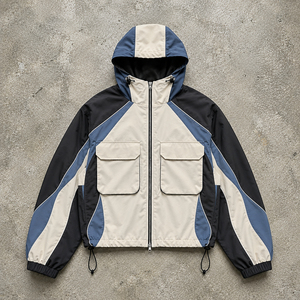Men's Hooded Color Blocking Racer <b>Jacket</b> Windproof Zipper Closure Sporty Autumn Wear Polyester Material - Product Image 4