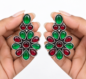 Pendientes de Plata Oxidada con Flores y Piedras Coloridas Verdes y Rojas, Pendientes Florales para Mujer, Joyería de Moda al por Mayor - Product Image 4