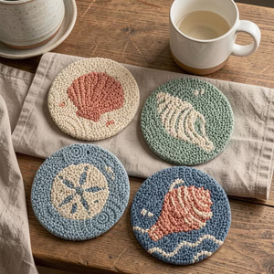 4pcs Punch <b>Needle</b> Coaster Set, Beach House Decor Table Mat Drinkware Holderby whimsy art craft - Product Image 6
