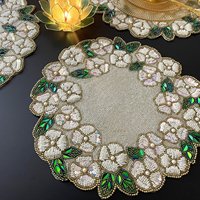 Chemin de table rond et set de table en coton 100% écologique, faits main, perlés, de luxe, brodés de fleurs, avec dentelle à sequins, pour décoration de table, personnalisable