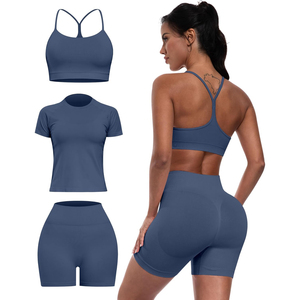 Conjunto de Yoga de 3 Piezas: Shorts de Cintura Alta, Sujetador Deportivo Racerback, Top Corto Sin Costuras, Ropa Deportiva de Color Sólido - Product Image 3
