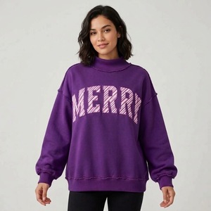 <b>Women's</b> Oversized Pink Turtleneck Sweatshirt With Merry Letter Print Drop-Shoulder Full Sleeve Winter Casual <b>Top</b> - Product Image 3