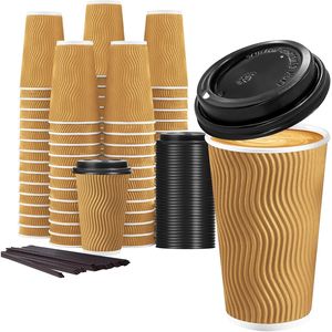 Confezione da 50 Bicchieri da Caffè Usa e Getta Isolati da 16 oz con Coperchi, Bicchieri in Carta Ondulata Resistenti allo Strappo per Asporto, con Cannucce Incluse - Product Image 1