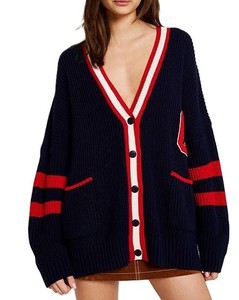 Cárdigan de punto para mujer, manga larga, cuello en V, estilo preppy, contraste de color, cierre con botones, aplique con la letra H, alta calidad - Product Image 5
