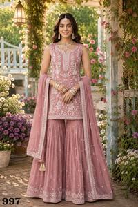 <b>Women</b>’s Premium Chiffon Sharara <b>Suit</b> Set with Heavy Embroidery and Sequin Work, Designer <b>3</b>-<b>Piece</b> Ethnic Wear with Dupatta - Product Image 3
