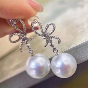 Manufacturer Wholesale S925 Pure Silver Dangle Earrings with Natural Pearl 10-9MM Round Face Flawless <b>Matching</b> Gift <b>Box</b> - Product Image 4
