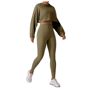 Conjunto Deportivo de 2 Piezas para Mujer, Top Corto Holgado de Manga Larga y Leggings de Talla Grande para Gimnasio - Product Image 3