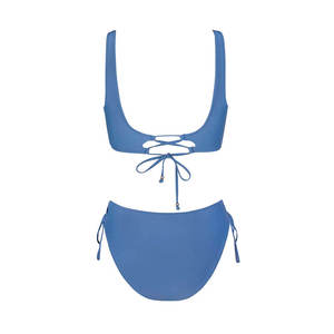 Women Blue Plaid Push up Bikini Set <b>Crossed</b> Halter <b>Top</b> Tie Side Bottom Two Piece Spandex Polyester Stretch Fit Eco-Friendly - Product Image 1