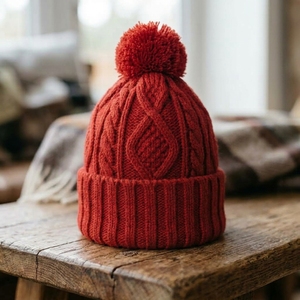 Bonnet en tricot rouge pour homme avec pompon, bonnet d'hiver à revers, unisexe, streetwear, bonnet ajusté, logo personnalisé, accessoire de mode en gros - Product Image 2