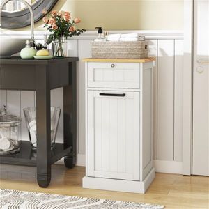Cesto portabiancheria inclinabile in bambù e MDF da 10 galloni con cassetto anti-ribaltamento, bianco e naturale - Product Image 4