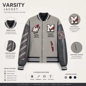 <b>Men's</b> Gray PU Varsity <b>Jacket</b> with Embroidered Logo and Lettering Preppy Style Autumn Wear - Product Image 4