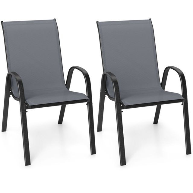 Ergonomic Gray Patio Dining Chairs 2 Pack Stackable Steel Frame Breathable Fabric Outdoor Chair 330 LBS Capacity for Balcony Use