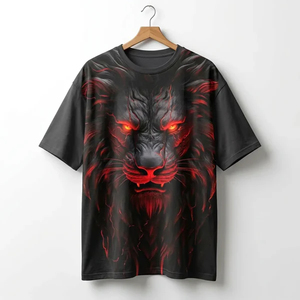 Men's Black Lion Red Eyes Printed T-Shirt Short Sleeve O-Neck Casual Regular Fit Jersey Polyester <b>Animal</b> <b>Pattern</b> - Product Image 1