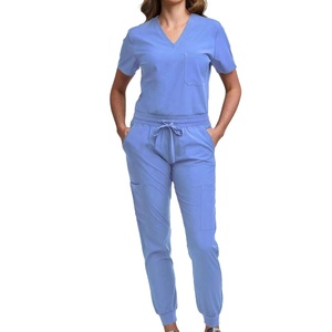 Unisex <b>Nursing</b> <b>Scrub</b> Set V-Neck Tuck-In Top Jogger Pants Yoga Waistband Stand Collar Short Sleeve Worsted Fabric Hospital Solid - Product Image 1