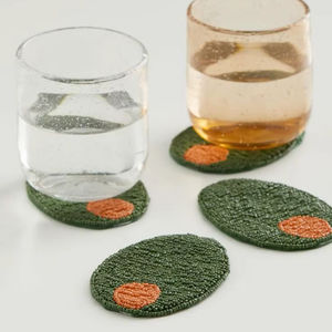 Ensemble de dessous-de-verre en perles de verre vert olive au design unique, motif garniture de martini ovale, avec support en tissu, pour cuisine, salle à manger, table, tapis à boissons - Product Image 1
