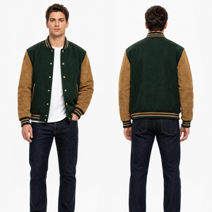 Veste universitaire pour homme de qualité supérieure, vert foncé, manches marron clair, bordure côtelée rayée, veste unie, couleur contrastée, veste décontractée - Product Image 4