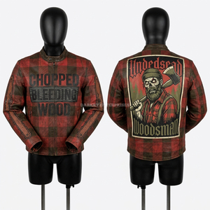 Chaqueta de cuero con estampado a cuadros, diseño gráfico de Zombi Leñador y madera, estilo motero, desgastada, moda urbana para hombre, única - Product Image 1