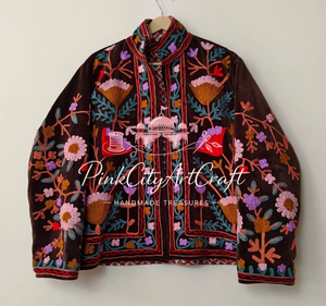 Handcrafted Velvet Embroidered <b>Quilted</b> Jacket Traditional Rajasthani Boho Floral Winter Women's Breathable Eco-Friendly Long - Product Image 2
