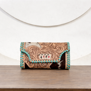 Vintage Deck Of Cards Tooled Leather Cowhide Women Wallet Turquoise Whipstitch Card Holder Clutch Purse Hair-On Zipper <b>Wristlet</b> - Product Image 3