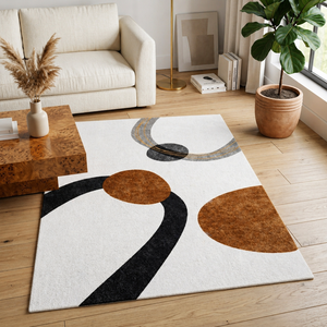 Hand Tufted Woven Wool Area Rug-Modern Abstract Geometric Design <b>Cream</b> Base Brown Black Curved Pattern Washable Luxury Living - Product Image 4