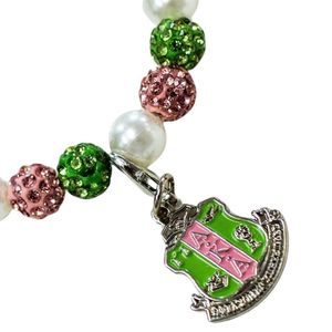 AKA Pink Bling and Pearl <b>Bracelet</b> with Shield Charm Sparkling <b>Beaded</b> Wrist Jewelry Elegant Women Fashion Accessory for Events - Product Image 4