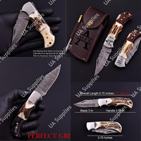 Couteau utilitaire pliant artisanal en acier de Damas de qualité industrielle, manche en bois de cerf, pointe tombante, pour camping en extérieur, EDC, poche, OEM