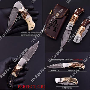 Cuchillo Plegable de Acero de Damasco Hecho a Mano, Grado Industrial, Mango de Cuerno de Ciervo y Madera, Punta Caída, para Exteriores, Camping, EDC, Bolsillo, OEM - Product Image 6