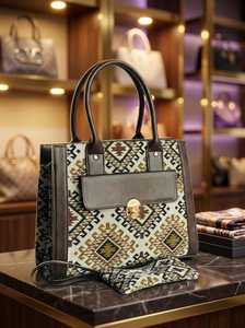 Sac fourre-tout de luxe à motif géométrique, résistant à l'eau et antivol pour femmes, sac à main en jacquard avec garniture en cuir PU et fermeture à loquet métallique - Product Image 3