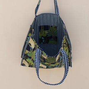 Handcrafted Jungle Themed Peacock/Cage Pattern 100% Cotton Quilted <b>Long</b> Handle Lightweight Multi-Use Tote <b>Bag</b> for Travel & Shopp - Product Image 4