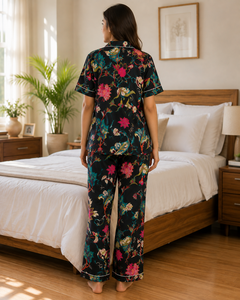 Ensemble de pyjama décontracté pour femme 100 % coton, imprimé floral, noir, manches courtes, doux et respirant, idéal pour l'été - Product Image 3
