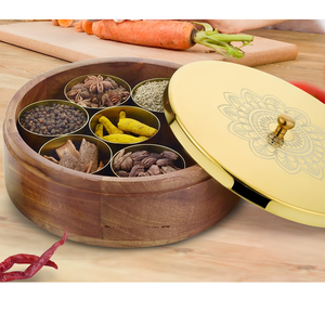 Caja de especias de madera con tapa dorada, diseño floral, contenedor de almacenamiento de hierbas y especias, diseño clásico, caja de especias cuadrada de madera - Product Image 1