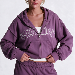 Sweat à capuche zippé pour femme, coupe carrée, couleur prune poussiéreuse, OEM, léger, color block, 100% coton molletonné, broderie, My Own Terms - Product Image 1