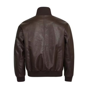 American <b>Retro</b> High-End Biker Style Genuine <b>Leather</b> Stand Collar Embroidered Front Logo <b>Jacket</b> Men's Solid Loose Fit Winter Tops - Product Image 4