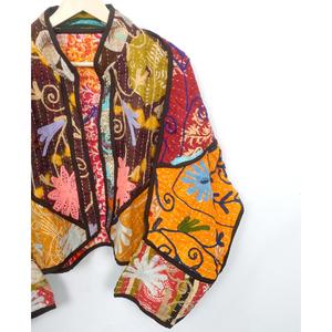 Hand Quilted <b>Mandarin</b> <b>Collar</b> Kantha Hand Block Print Indian Women's 100% Cotton All Season Coat Stripe Piping Partywear <b>Jacket</b> - Product Image 3